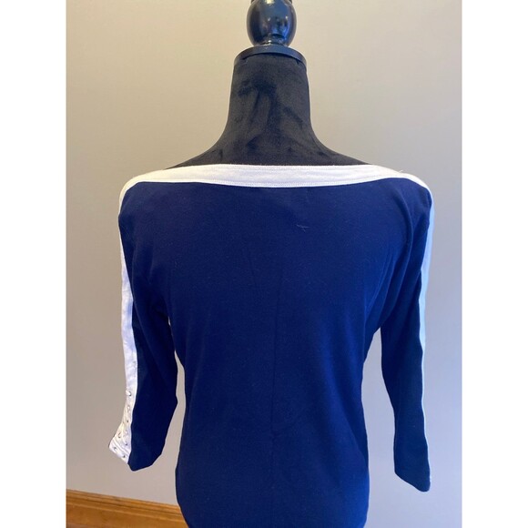 Chaps Blouse Size Large(measures  Med) Top Boat Neck Navy White Lacing on Cuffs - Picture 6 of 10